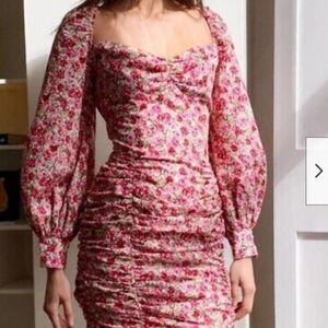 NWT Nasty Gal Pink Vibrant Floral Balloon Sleeve Ruched Mini Dress Size 4